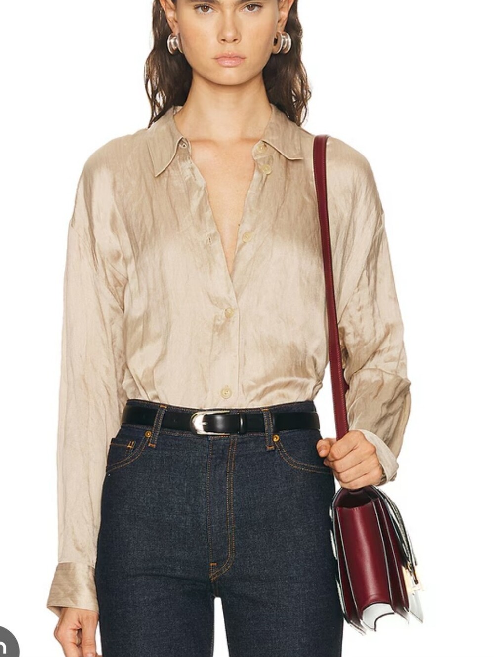 FRAME Neutral Beige Satin‎ Button-Up Shirt